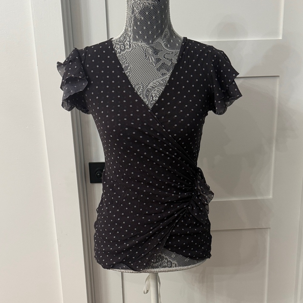 New York & Company Black Ruffle Sleeve Wrap Blouse